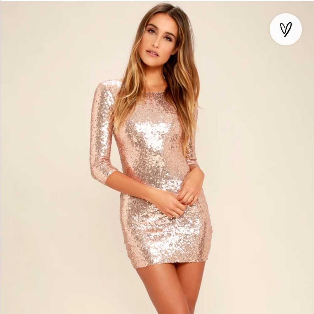 LULUS • World's a Stage Sequin Rose Gold Dress